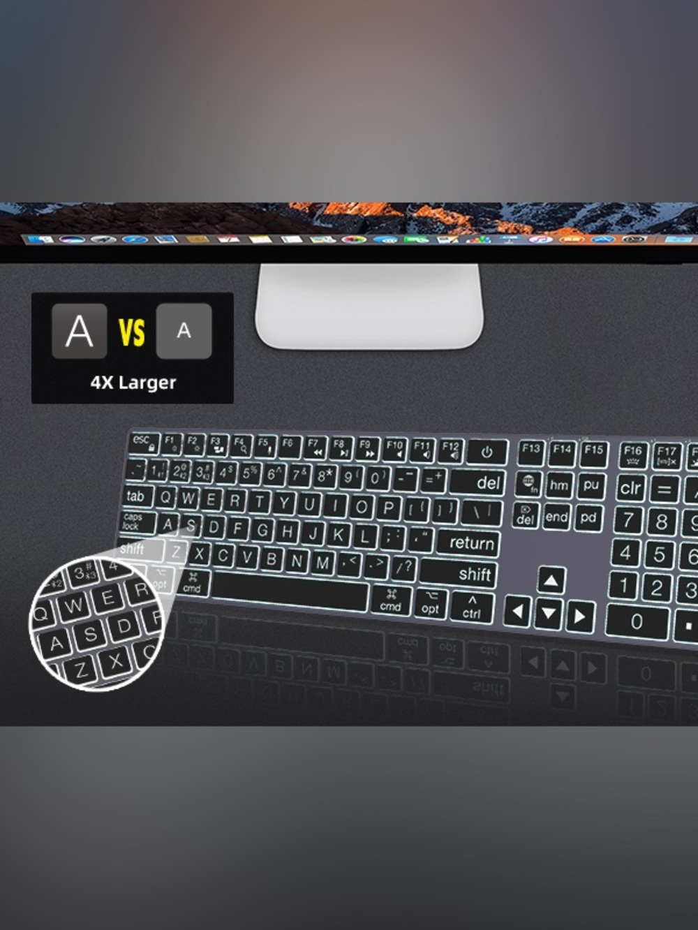 POWZAN Large Print Aluminum Bluetooth Keyboard for Mac / Ipad - 7 Backlit colors - Picture 8 of 16